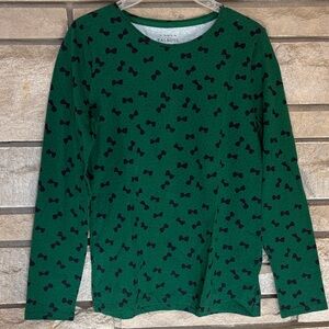 Talbots Green Long Sleeve Tee with Black Bow Print